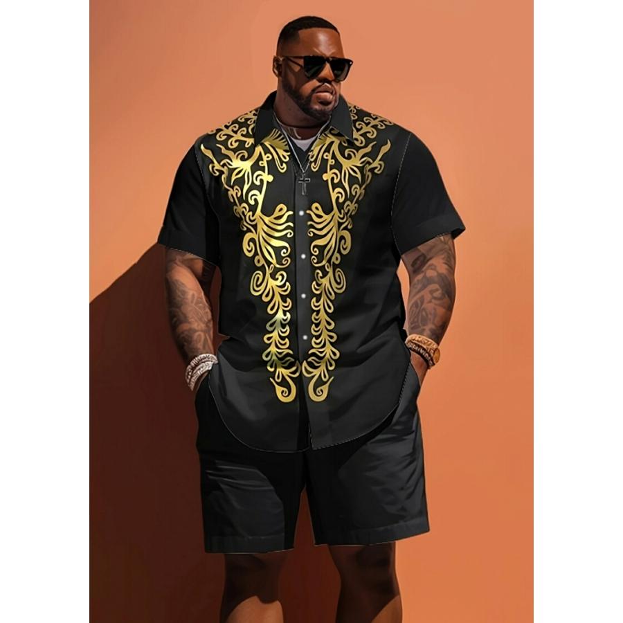 バロック柄半袖シャツセットアップ ハーフパンツ 上下 黒×黄 037 柄