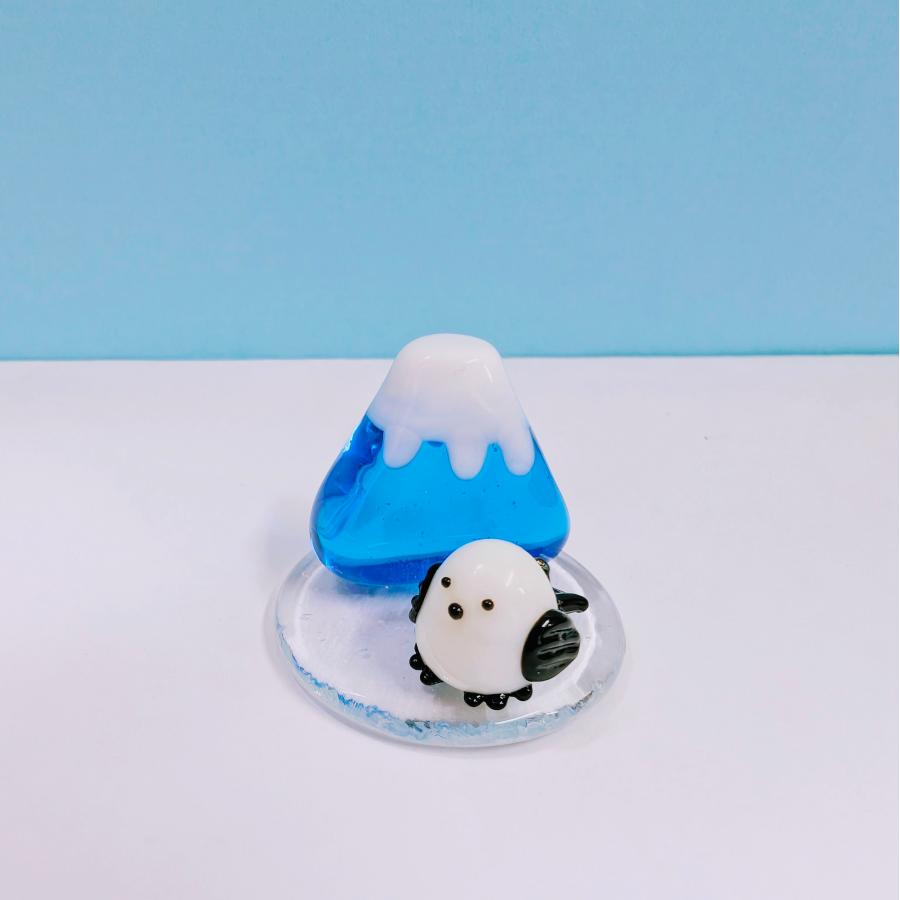 ガラス細工 シマエナガ（黒）と富士山（青）S ミニチュア 雑貨 置物