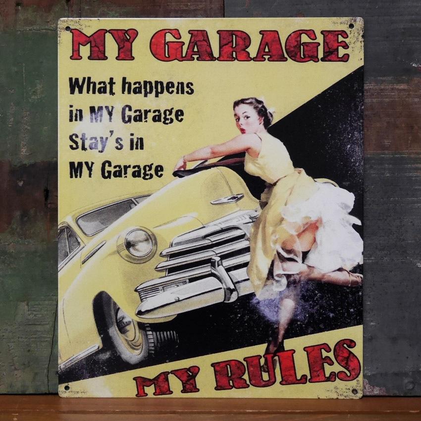 アンティーク メタルプレート MY GARAGE RULES ブリキ看板 インテリア