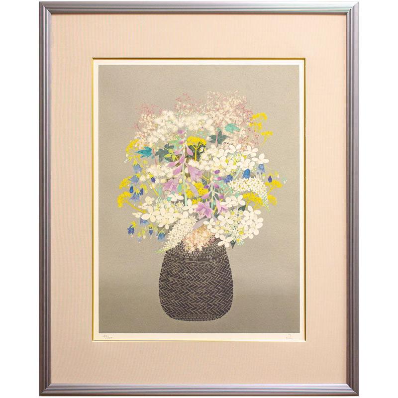 堀 文子 「 高原の花 」 リトグラフ 版画 日本画 絵画 花 秋 桔梗