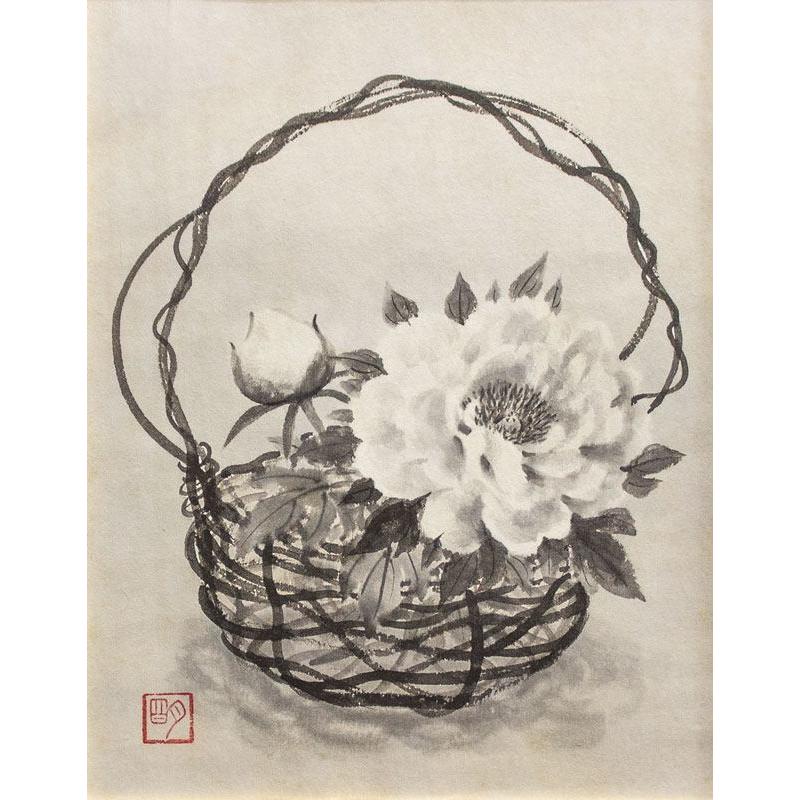 穐月 明 「 籠の牡丹 」 墨彩画 F6 (6号 ) 絵画 日本画 手書き 肉筆