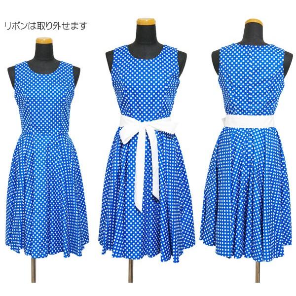 XL】【送料無料】ロカビリー・ワンピース パネルライン（水玉）青 ひざ