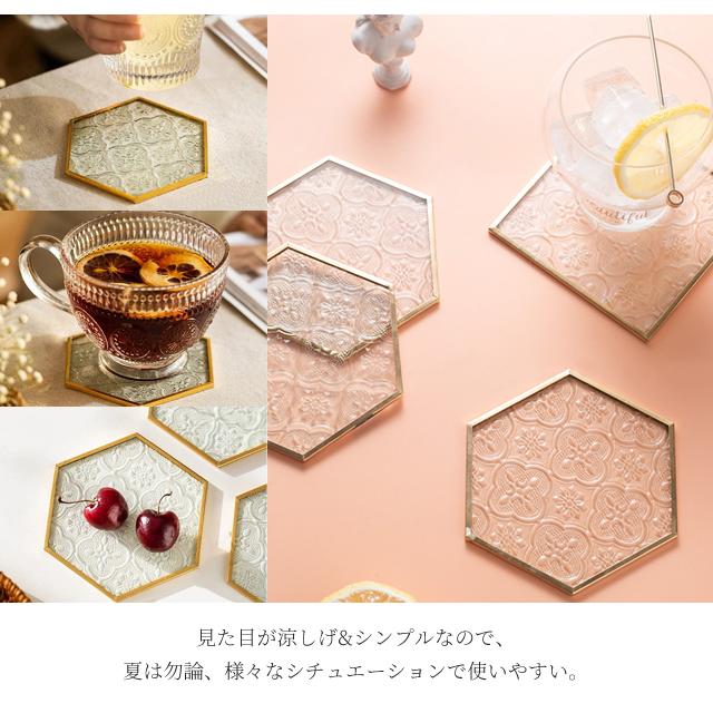 Vintage フローラル 純銀 ドリンクコースター クリスタルガラス4枚