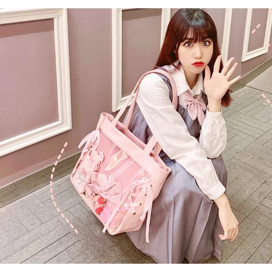 痛バッグ 痛バ A4 トート 編み上げ リボン レースアップ レザー 地雷