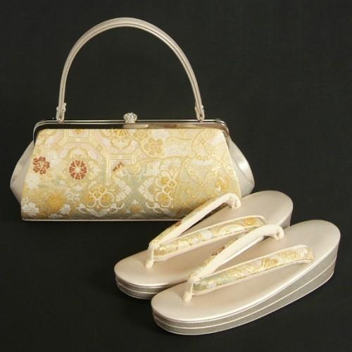 草履バッグセット 振袖 訪問着 西陣織正絹生地使用 ゴールド 七宝 唐花