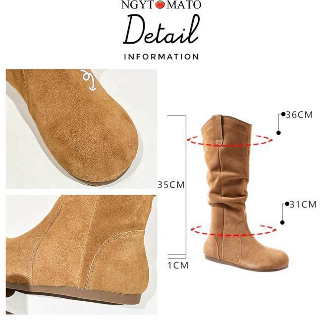 ロングブーツ 茶色 ブーツ ミドル丈 くしゅくしゅ スエード調 ラウンド