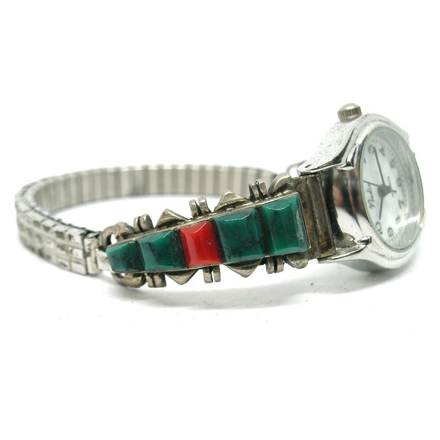 インディアンジュエリー シルバー ターコイズ 珊瑚 ウォッチブレス