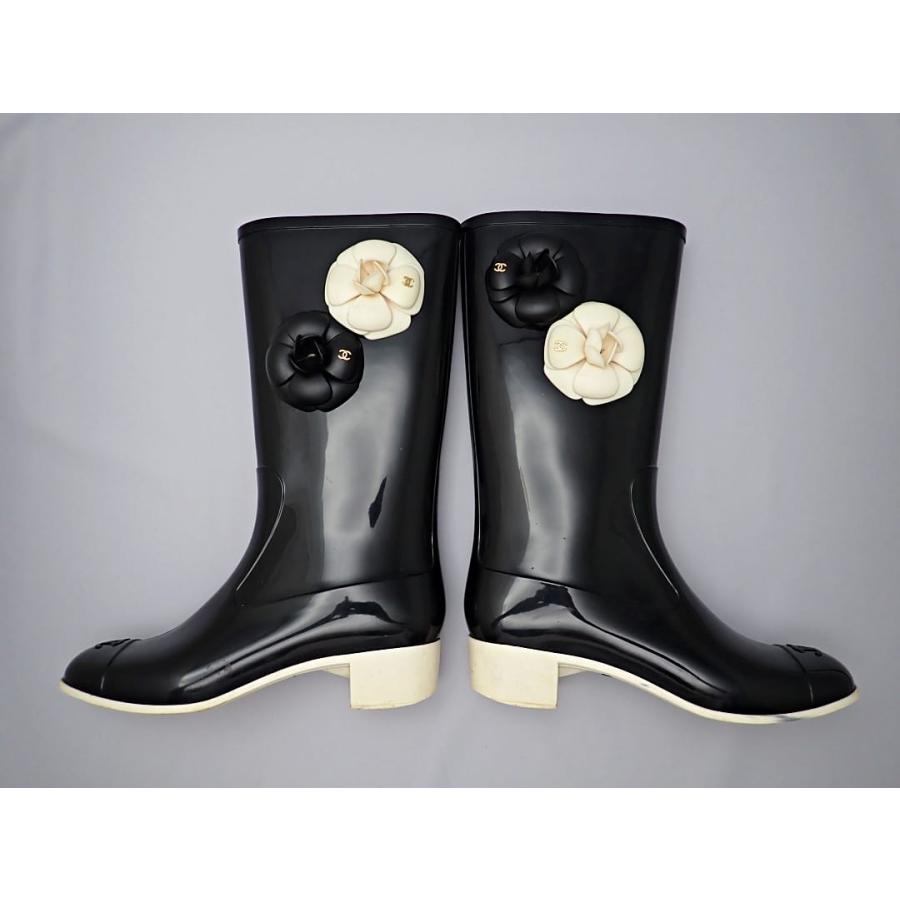 CHANEL（シャネル） レインブーツ ブラックxアイボリー 37 カメリア