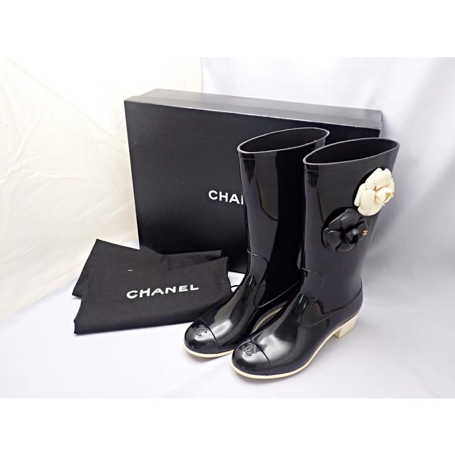 CHANEL（シャネル） レインブーツ ブラックxアイボリー 37 カメリア