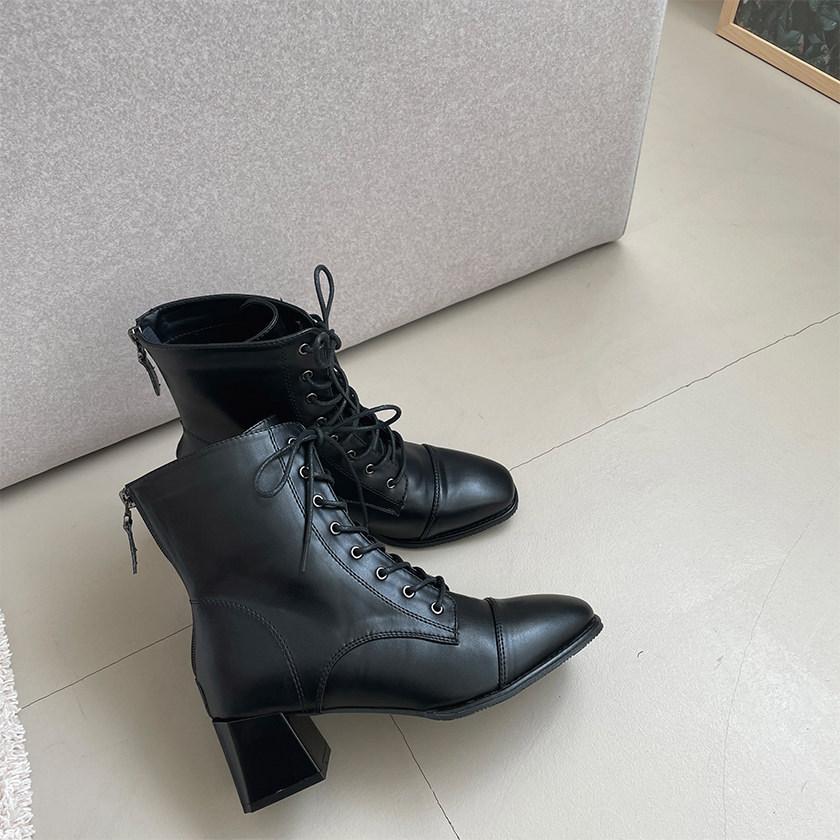 ショートブーツ スクエアトゥ レースアップ サイドジップ レディース