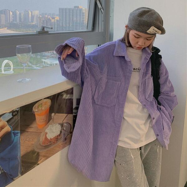 コーデュロイシャツ パープル ビッグシルエット 長袖 トップス ダンス