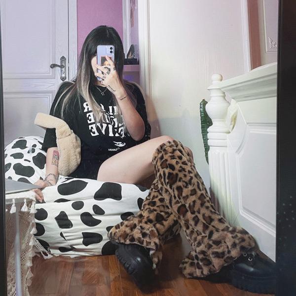 レッグウォーマー レオパード柄 エコファー フリル付き ヒョウ柄