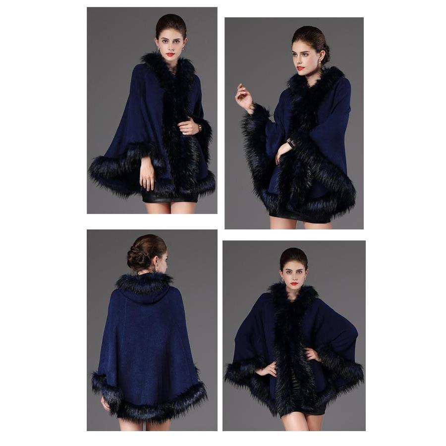 ケープショールコート カシミヤ フード付き フェイクファー ポンチョ