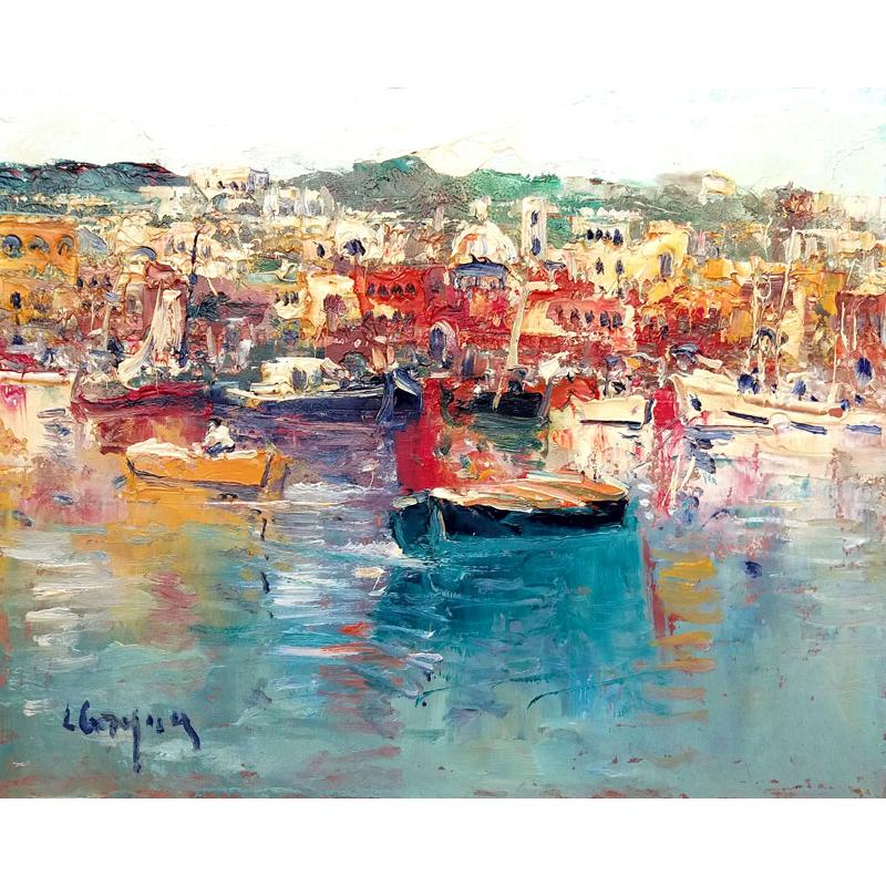 イタリア風景 絵画 油絵 チェルクア 作 「ナポリ・プロチダ島」 風景画