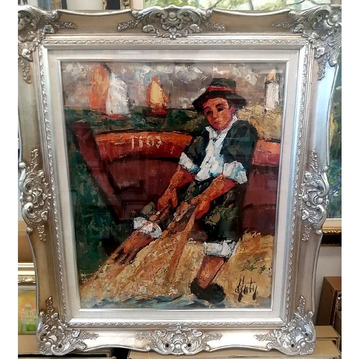 絵画 油絵 ダンティー（フランス） 作 「網を引く漁師」 風景画