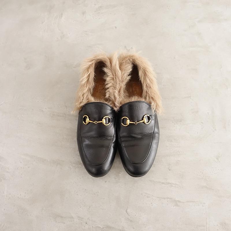グッチ GUCCI *ファーローファー 37.5/23.5*ブラック黒ライトブラウン