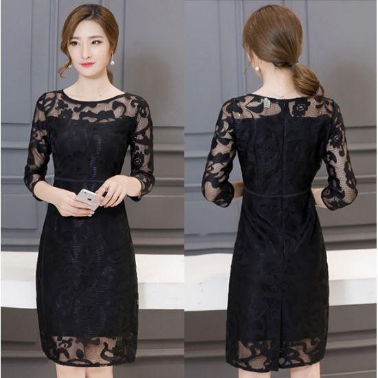 結婚式 ワンピース 青 黒 ブルー ブラック ドレス 膝丈 膝下 総レース