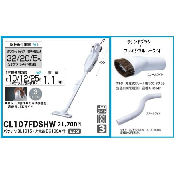 マキタ（makita） 充電式クリーナ CL107FDSHW ラウンドブラシ+