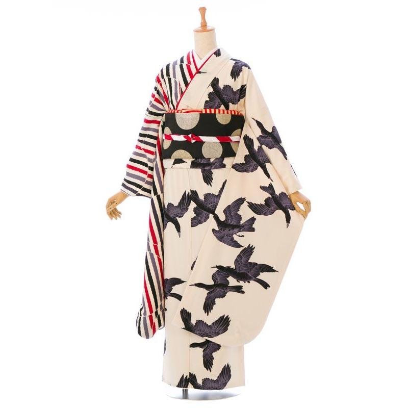 2月〜12月【振袖レンタル】白地 片身がわり 八咫烏(白系)|普通サイズ