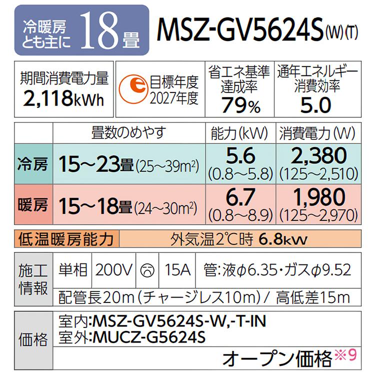 霧ヶ峰 エアコン おもに18畳 三菱電機 GVシリーズ 2024年モデル STRONG