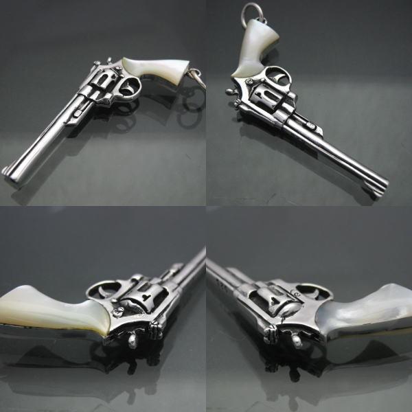 44マグナムリボルバーピストルペンダント シルバー925&ホワイトシェル