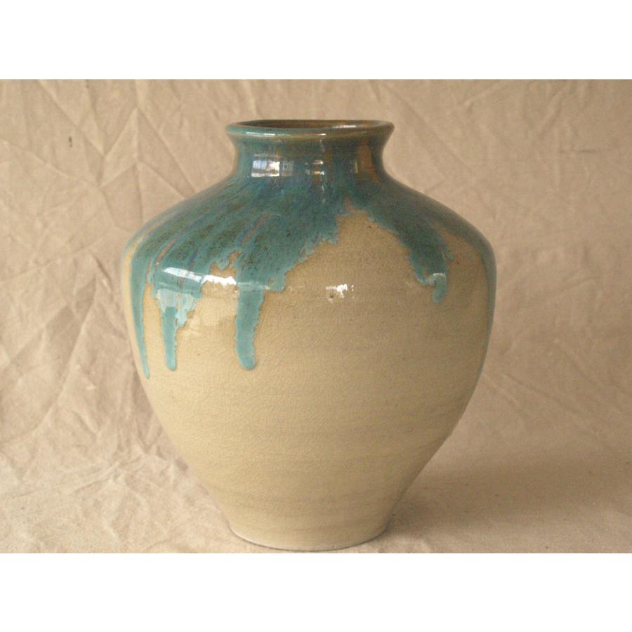 レア珍品 江戸 明治時代 上野焼 藁釉緑彩壺22.5cm 茶壺 青流花瓶 古