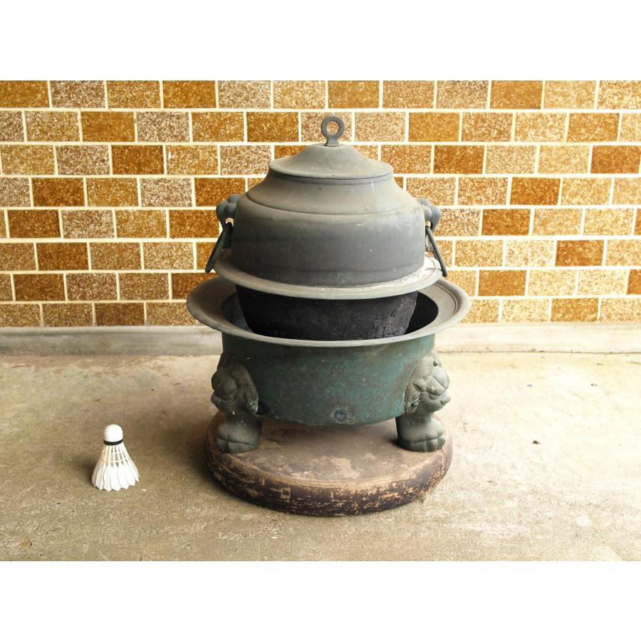 明治 大正期 大型銅製火鉢40cm 特大銅釜 鉄製五徳 茶道 華道 古道具