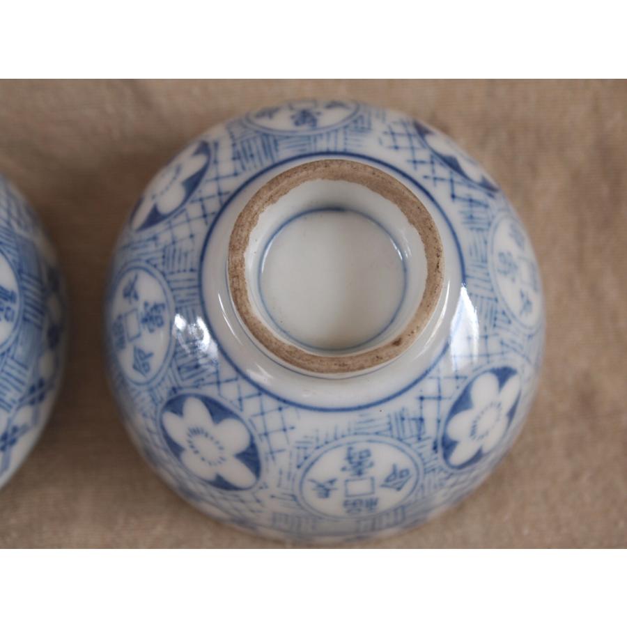 レア珍品 明治 大正時代 461番号入 印版手 染付小服茶碗8cm4客 湯呑