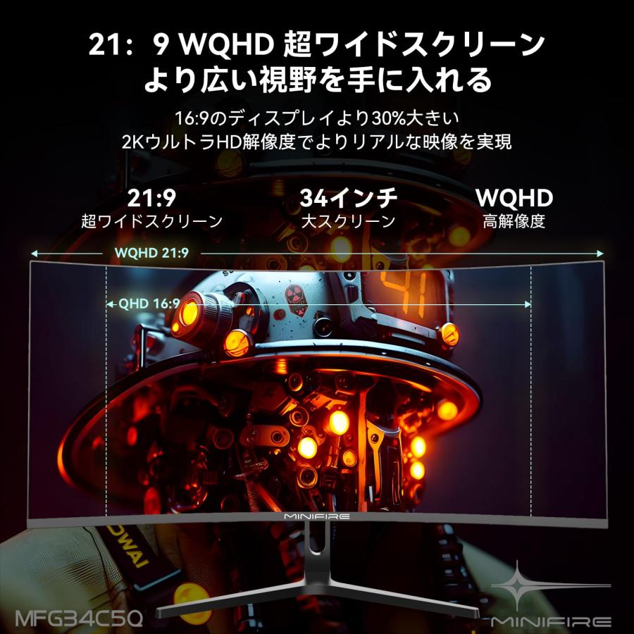 Minifire 34インチ最大165Hzゲーミングモニター 1500R曲面 ウルトラ