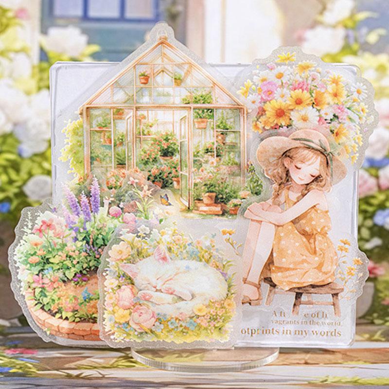 コラージュ 素材 シール 人物 女性 女の子 花 フラワー 窓 窓枠 小屋