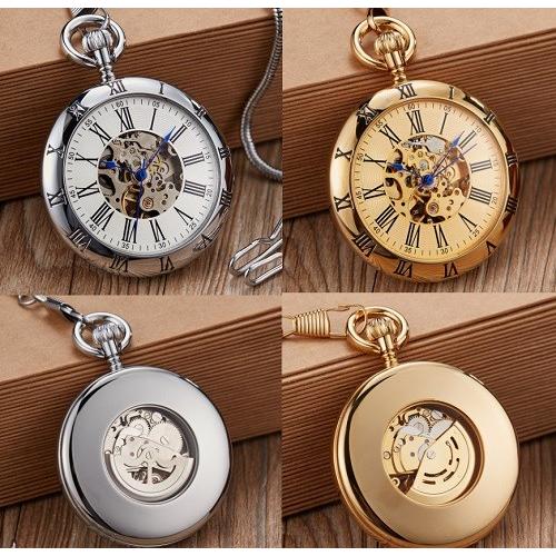 手巻き式 懐中時計 ゴールド シルバー クォーツ アナログ時計 ローマ