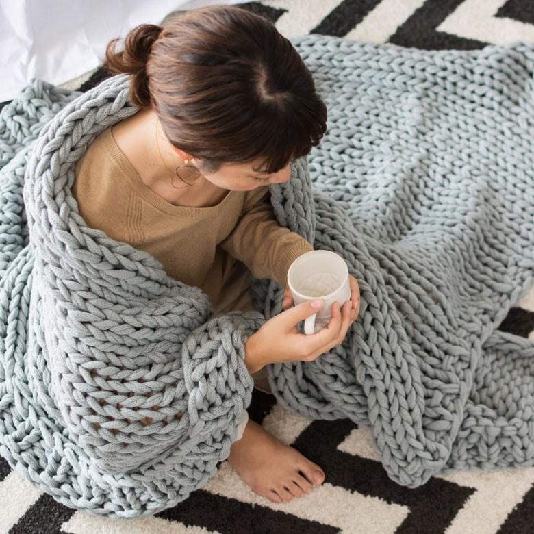 ブランケット 膝掛け ひざ掛け 約140×200cm 大判 ブルーグレー 手編み