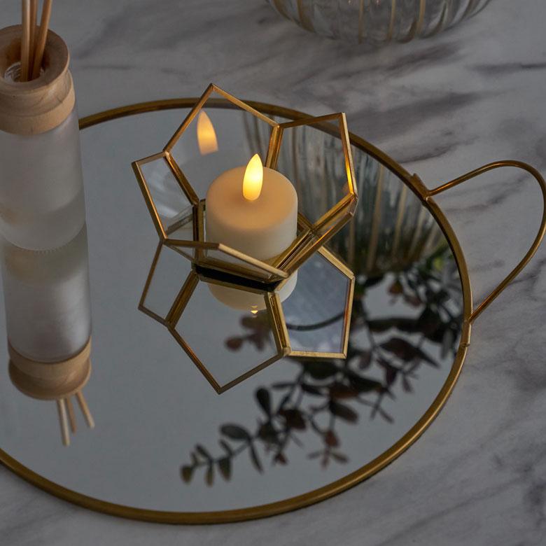 ELEMENTS キャンドル ホルダー 鏡 ガラス 真鍮 ゴールド 直径9cm