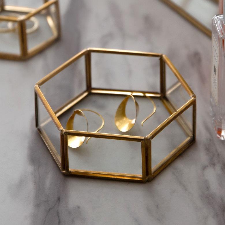 ELEMENTS アクセサリーケース ガラス 真鍮 アクセサリー 収納 六角形 M