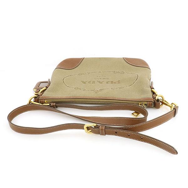 プラダ PRADA ベージュ キャメル キャンバス レザー ロゴジャガード