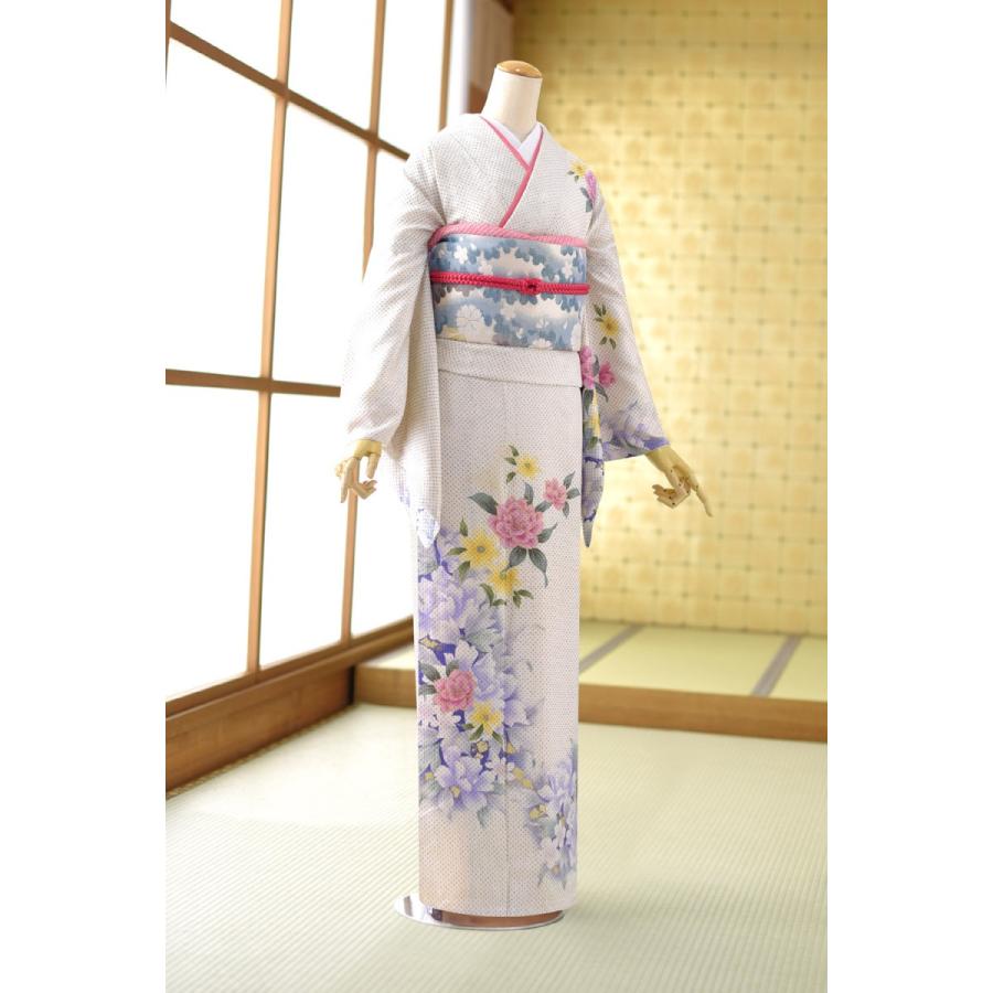 夏用単衣訪問着 白総しぼり三色花 身長 160cm〜178cm位 訪問着