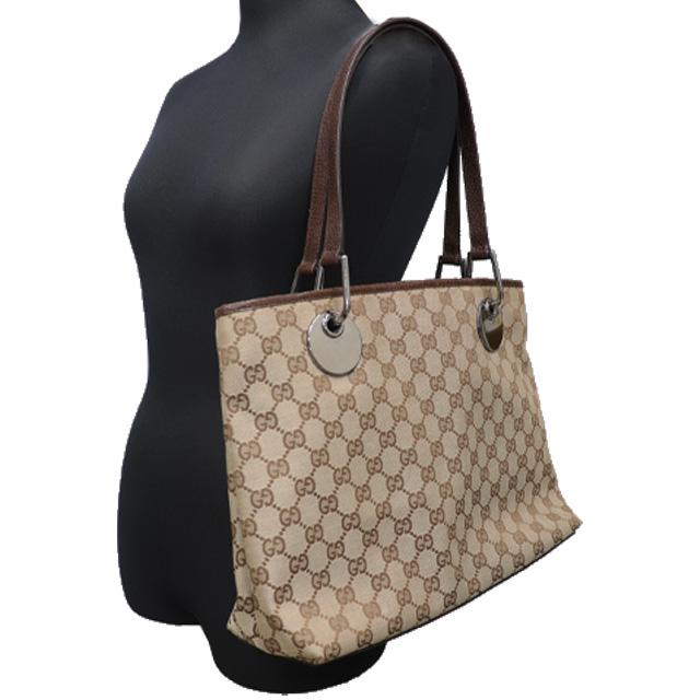GGキャンバス グッチ GUCCI トートバッグ × レザー ベージュ ブラウン