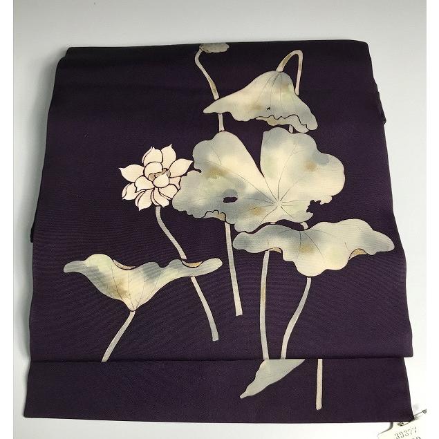 中古 名古屋帯 正絹 法事用 紫地に蓮模様 塩瀬 九寸 お太鼓柄