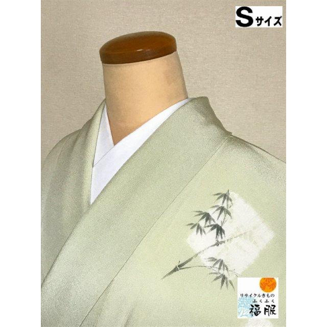 中古 付け下げ 正絹 付下げ訪問着 薄グリーン地に色紙模様 袷着物 裄67