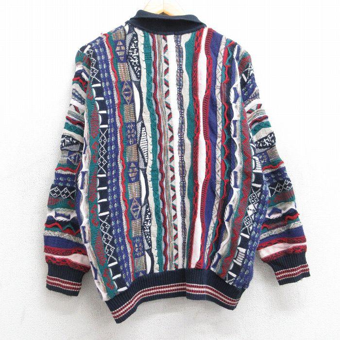 M/古着 COTTON TRADERS 長袖 セーター メンズ 90s 3Dニット 襟付き 紺