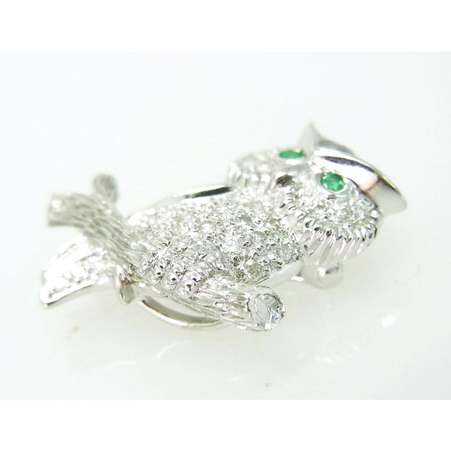 フクロウ ミミズク ダイヤ エメラルド 18金ホワイト製 ブローチ