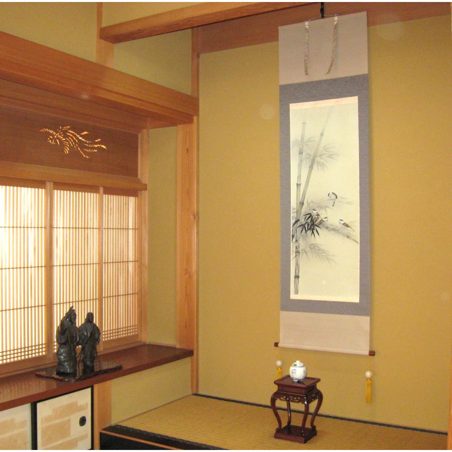 掛け軸 掛軸 竹に雀 松浦瑞雲 (真筆・中古) 共箱・タトウ箱付 : 掛け軸