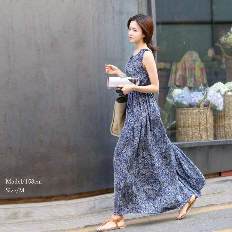 ワンピース レディース 春夏 ノースリーブ マキシ丈 薄手 ポリエステル
