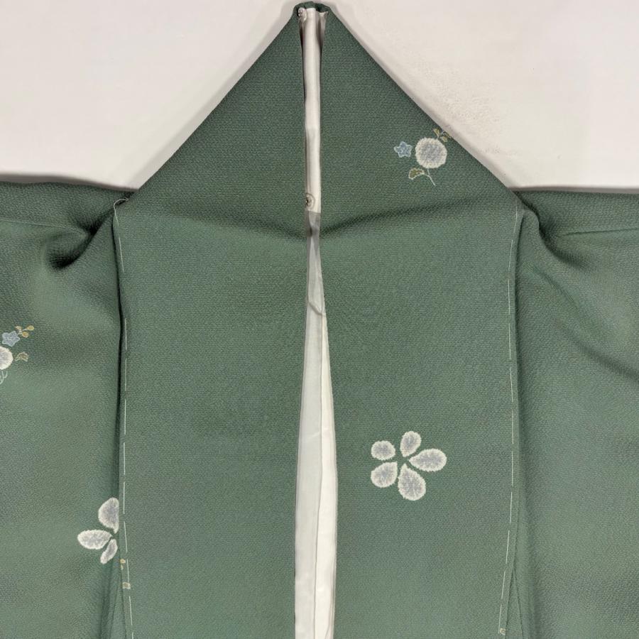 小紋 身丈164cm 裄丈62cm S 袷 草花 縮緬 薄緑 正絹 秀品 中古 在庫