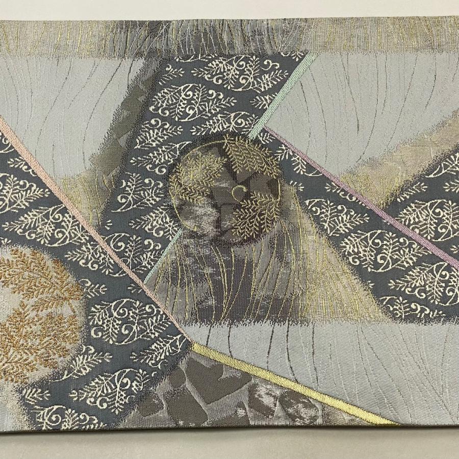 袋帯 美品 秀品 草花 幾何学 金銀糸 箔 灰色 六通 正絹 中古