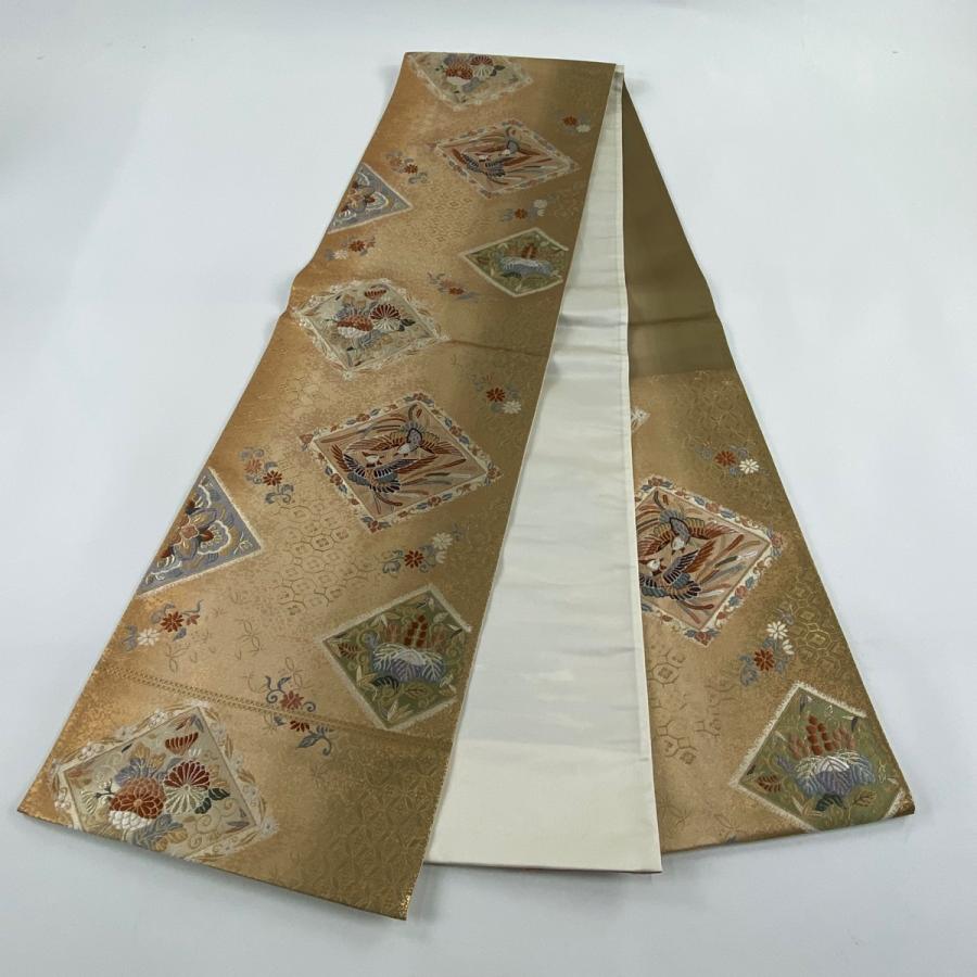 袋帯 秀品 桐竹鳳凰 菱 刺繍 金銀糸 金茶 六通 正絹 中古 在庫一掃