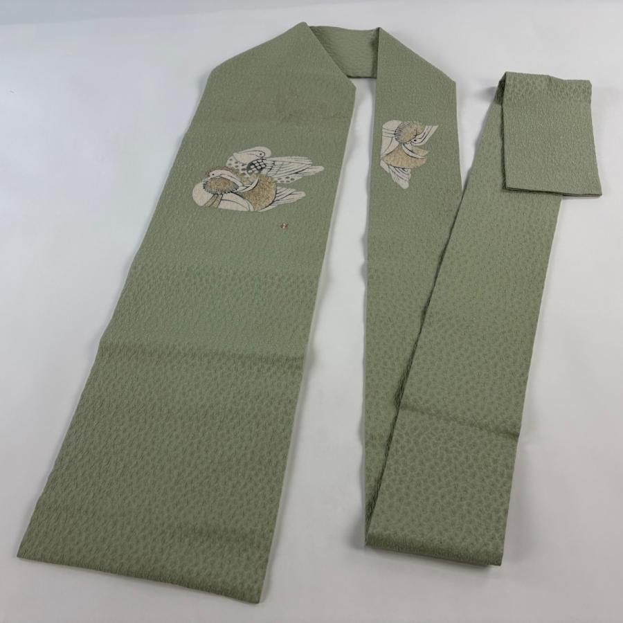 名古屋帯 逸品 人間国宝 羽田登喜男 落款あり 鴛鴦 金通し 金彩 灰緑