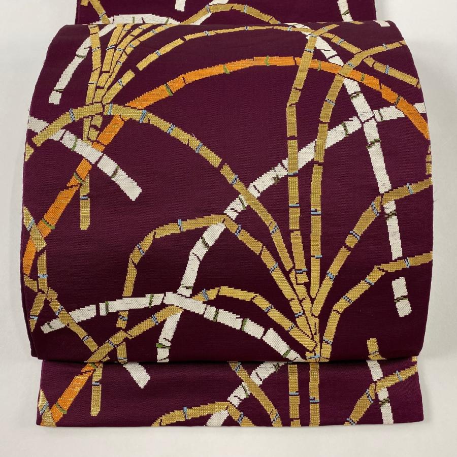 袋帯 逸品 龍村平蔵 落款あり 豊公芒文錦 金糸 箔 赤紫 六通 正絹 中古