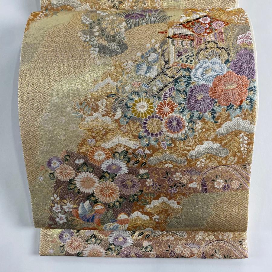 袋帯 美品 秀品 道長取蒔絵文 御所車 金糸 箔 金色 六通 正絹 中古