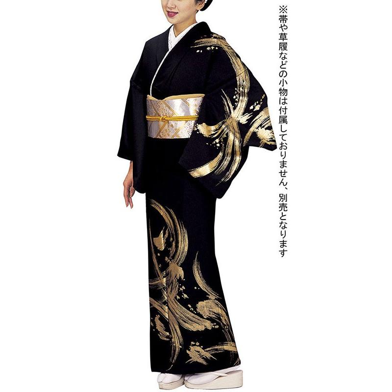訪問着 女性 胴抜き プレタ 踊り 絵羽 洗える着物 黒地 金筆筋 kz